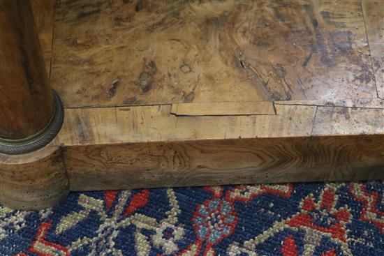 A 19th century burr elm console table with brass mounts W.113cm.